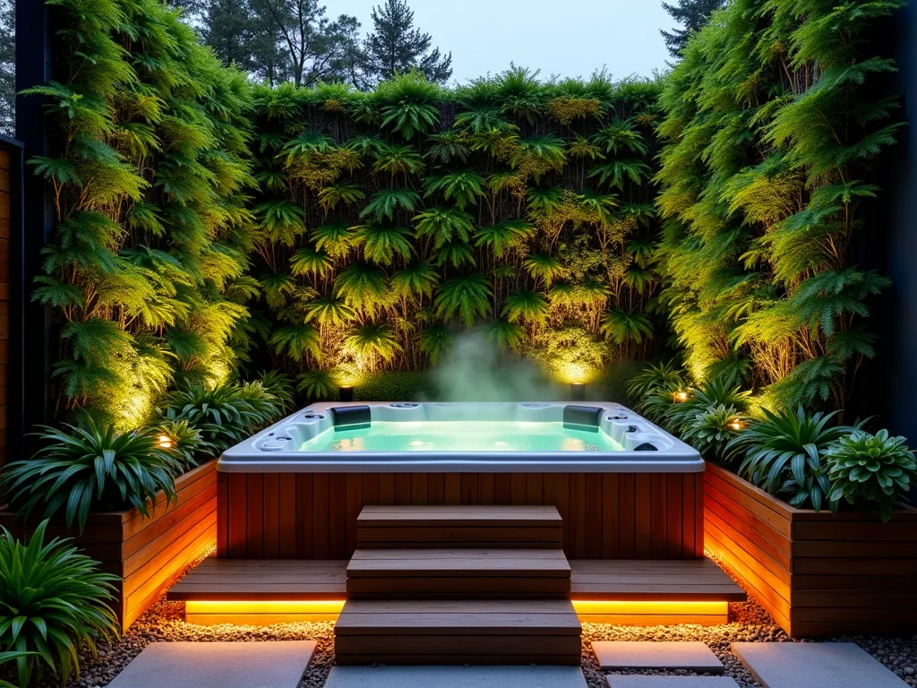 Living Wall Hot Tub Haven - Twilight photograph of a modern cedar hot tub nestled within a stunning vertical garden, shot at f/2.8 with warm ambient lighting. Dense green living walls create a natural privacy screen with cascading ferns, philodendrons, and peace lilies thriving in the humid microclimate. Integrated drip irrigation lines discretely weave through modular garden panels, while subtle LED uplighting highlights the textural layers of foliage. The intimate space features weathered teak decking and stone pavers, with steam gently rising from the hot tub's surface. Wide-angle composition showcasing the full height of the 8-foot living walls, capturing the lush, spa-like atmosphere of this compact outdoor retreat.