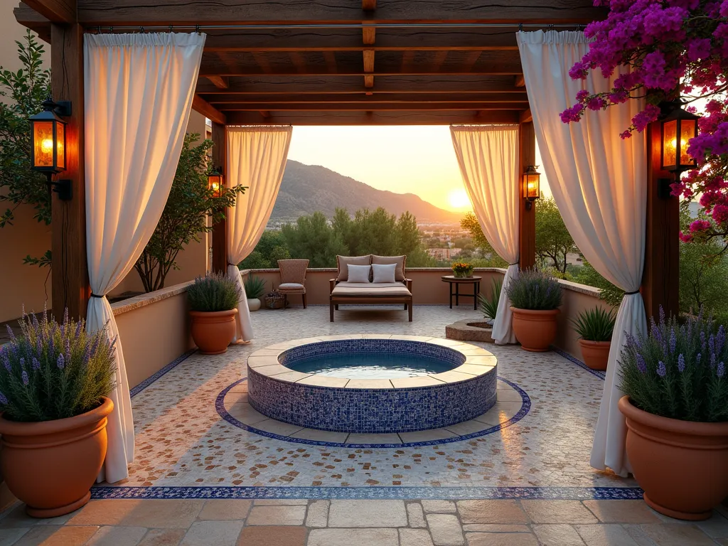 Mediterranean Hot Tub Terrace at Sunset - A luxurious Mediterranean-style garden terrace at golden hour, featuring an elegant round hot tub nestled among large terracotta planters filled with blooming citrus trees and lavender. The space is adorned with intricate blue and white mosaic tiles surrounding the tub and creating a decorative pathway. Flowing white weather-resistant curtains hang from a rustic wooden pergola frame, gently billowing in the evening breeze. Ambient lighting from copper lanterns casts a warm glow across the weathered stone pavers, while climbing bougainvillea adds pops of vibrant pink. Shot with a wide-angle lens capturing the entire intimate setting, with the setting sun creating dramatic shadows and highlighting the Mediterranean architectural elements. Professional DSLR photo, f/8, ISO 100, 1/125s, natural lighting with golden hour warmth.