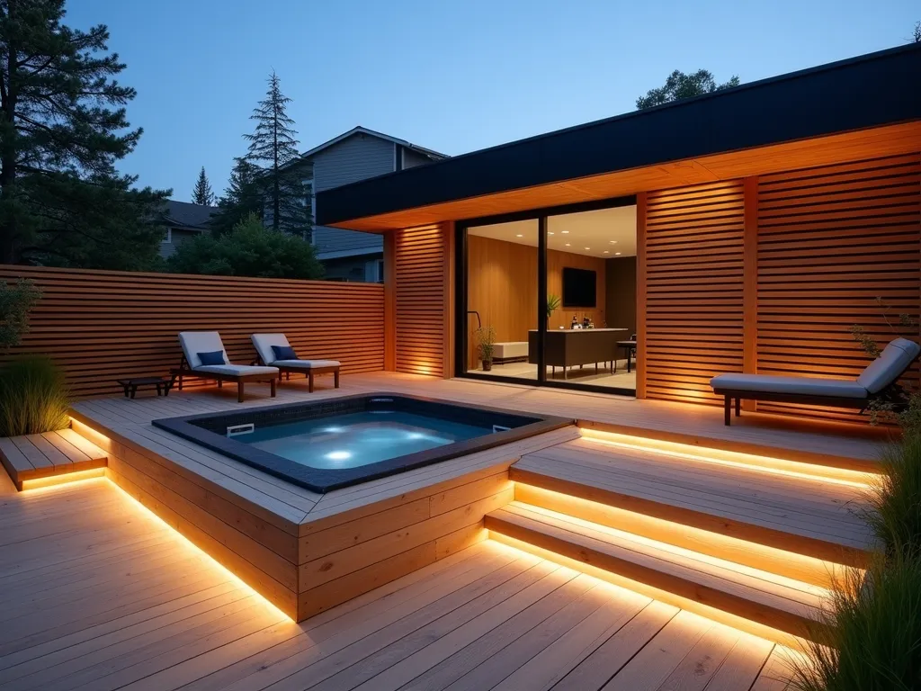 Modern Minimalist Hot Tub Deck at Twilight - A stunning minimalist wooden deck at twilight, photographed with a wide-angle lens capturing the entire intimate space. A sleek square hot tub is perfectly sunken into light oak decking with clean geometric lines. Elegant horizontal cedar slat screens provide privacy and architectural interest. Modern LED strip lighting glows warmly beneath the deck steps and along the privacy screens, creating a sophisticated ambiance. The deck features minimal furnishing with just two modern lounge chairs, maintaining the clean aesthetic. Natural shadows and warm lighting create depth and dimension across the wooden surfaces. Professional architectural photography with perfect exposure and sharp details, f/8, ISO 100, 1/125 sec, showcasing the harmonious blend of form and function in this compact space.