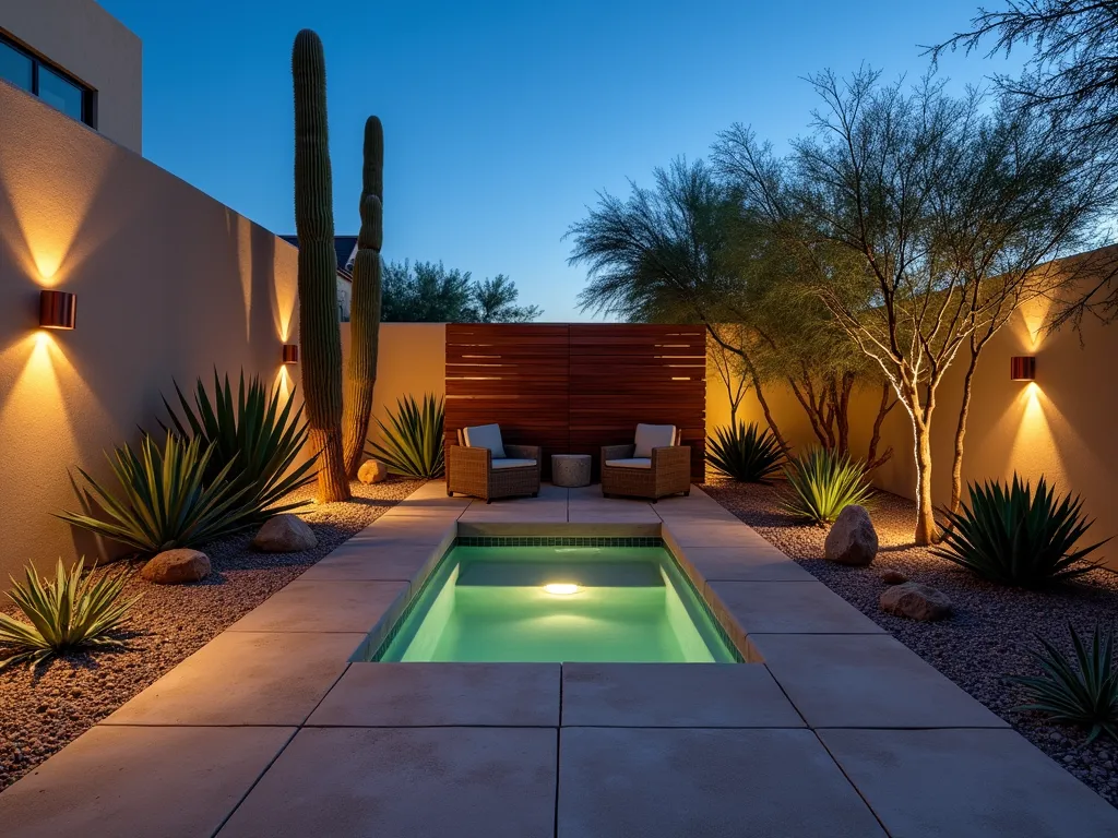 Modern Desert Hot Tub Haven - A stunning twilight photograph of an intimate desert-style garden featuring a sleek hot tub nestled among architectural succulents and cacti. The space is elevated with smooth sand-colored concrete pavers and rough limestone boulders. Warm LED uplighting illuminates towering Saguaro cacti and dramatic Agave plants. A contemporary wooden privacy screen provides backdrop texture, while copper-toned outdoor sconces cast a warm glow. Desert pebbles and crushed granite create natural pathways around the hot tub. Shot with a wide-angle lens capturing the entire cozy space at dusk, with the last rays of sunlight creating long shadows across the textured hardscape.