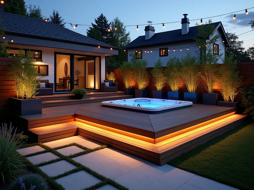 Modern Elevated Hot Tub Deck with Built-in Features - Professional DSLR wide-angle photograph of a contemporary elevated wooden deck featuring a sleek hot tub at dusk. The deck, rising 3 feet off the ground, showcases clean lines and modern design with built-in LED-lit wooden benches wrapping around two sides. Dark ipe wood decking contrasts beautifully with white composite railings. Minimalist rectangular planters with ornamental grasses and lavender frame the hot tub. Warm ambient lighting underneath the deck creates a floating effect, while string lights draped overhead add a magical atmosphere. Strategic spotlighting highlights architectural bamboo plants in large contemporary planters. The space efficiently utilizes a 12x12 foot area, demonstrating perfect small garden optimization with hidden storage access panels beneath the deck structure.