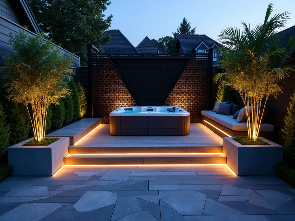 Modern Geometric Hot Tub Retreat - A stunning twilight photograph of a contemporary small garden space featuring a sleek hot tub nestled within geometric-patterned composite decking. The decking alternates between light grey and deep charcoal in a sophisticated hexagonal pattern. Behind the hot tub, a dramatic black aluminum privacy screen showcases an intricate triangular lattice design that casts artistic shadows from strategic LED lighting. Modern concrete planters with architectural bamboo flank the hot tub, while built-in deck lighting illuminates the geometric patterns. The scene is captured from a 45-degree elevated angle, emphasizing the precise geometric patterns and spatial design. Shot with natural blue hour lighting complemented by warm LED accents, creating a luxurious and intimate atmosphere. DSLR camera, wide-angle lens, f/8, ISO 100, 1/125s.