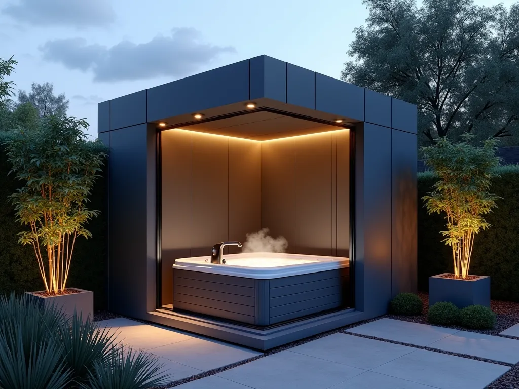 Modern Hot Tub Cube Retreat - A stunning twilight photograph of a minimalist 8x8 cube structure housing a hot tub in a small garden setting. The cube features sleek dark gray composite panels with one side partially slid open, revealing a pristine hot tub within. Warm LED uplighting illuminates the structure's clean lines, creating an ethereal glow against the evening sky. The cube's modern design includes frosted glass panels on the upper portion and is surrounded by strategic landscaping with architectural bamboo and modern planters containing ornamental grasses. Shot from a 45-degree angle to capture both the structure's depth and its relationship to the intimate garden space, with subtle steam rising from the hot tub. The composition showcases the perfect balance between privacy and openness, with built-in perimeter lighting adding depth to the scene. Photographed with a wide-angle lens to emphasize the contemporary architectural elements while maintaining the intimate garden setting.