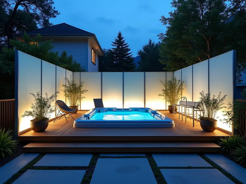 Modern Hot Tub with Frosted Glass Privacy Screen - A stunning dusk photography of a contemporary small garden featuring a sleek hot tub surrounded by elegant frosted glass privacy panels, captured with a wide-angle lens. The glass screens are backlit with modern LED strip lighting creating a ethereal blue-white glow, casting gentle shadows on the surrounding cedar deck. The frosted panels are mounted in brushed stainless steel frames, rising 6 feet tall, with bamboo plants visible as silhouettes behind. The scene is photographed during the blue hour, with ambient garden lighting reflecting off the steam rising from the hot tub's surface. Modern outdoor furniture pieces and potted ornamental grasses frame the edges, while geometric concrete pavers lead to the spa area. Professional architectural lighting emphasizes the clean lines and creates depth in the composition.