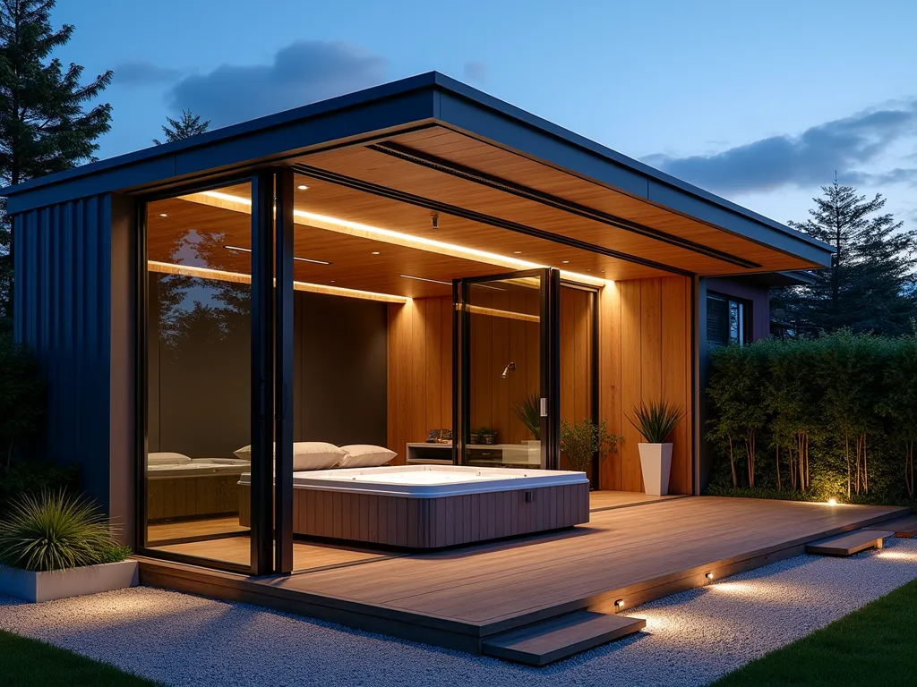 Modern Hot Tub Pavilion with Glass Panels - A stunning twilight DSLR photograph of a contemporary garden pavilion housing a luxury hot tub, captured with a wide-angle lens. The minimalist structure features sleek aluminum frames, a modern louvered roof in charcoal gray, and floor-to-ceiling sliding glass panels. Warm LED uplighting illuminates the pavilion's clean architectural lines. The hot tub sits on a raised IPE wood deck, surrounded by strategic landscape lighting and modern concrete planters containing ornamental grasses. Ambient light from inside the pavilion creates a welcoming glow, while the partially open glass panels reflect the evening sky. Small architectural bamboo provides privacy screening in the background. The composition showcases the perfect balance between indoor-outdoor living in a compact garden space, photographed at f/8 for optimal depth of field.