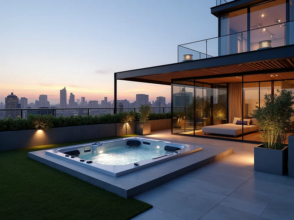 Modern Rooftop Hot Tub Oasis - A stunning rooftop terrace at dusk featuring a sleek built-in hot tub with LED lighting, surrounded by contemporary rectangular planters filled with ornamental grasses and bamboo. The space includes a modern gray artificial turf area, minimalist charcoal-colored composite decking, and a motorized cream-colored retractable awning. Glass railings preserve unobstructed city skyline views. Shot with a wide-angle lens capturing the dramatic urban backdrop with golden hour lighting, emphasizing the luxurious yet space-efficient design. Metallic planters contain architectural plants creating privacy screens. Subtle ambient lighting illuminates the space with a warm glow.