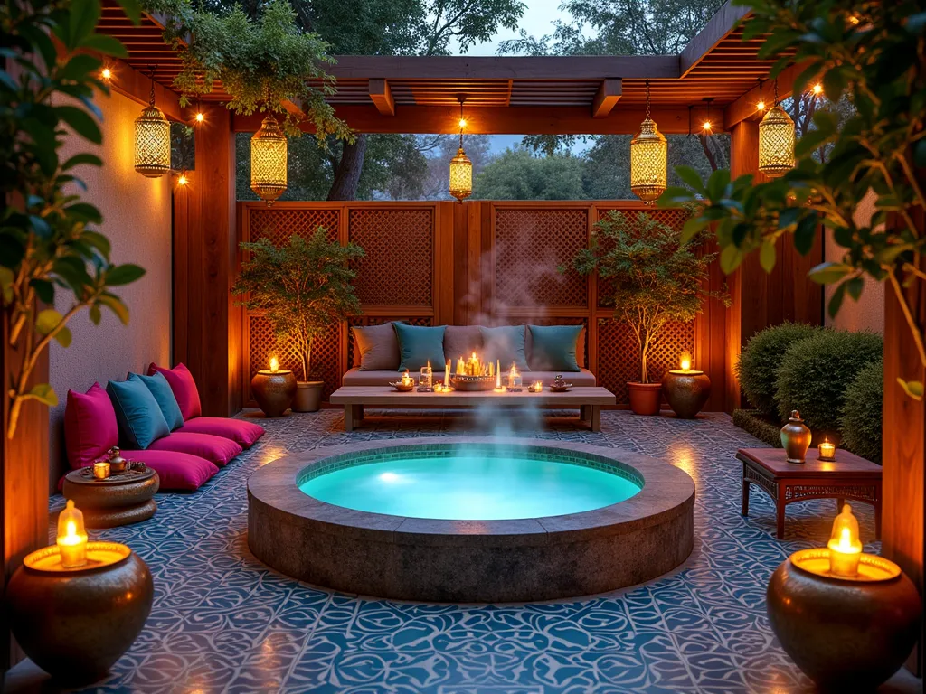 Intimate Moroccan Hot Tub Garden - A dusk scene of an intimate garden hot tub area with rich Moroccan influences, photographed with a 16-35mm lens at f/2.8, ISO 400. The hot tub is surrounded by vibrant blue and turquoise geometric tiles, with ornate brass lanterns hanging from a wooden pergola casting warm, intricate shadows. Colorful floor cushions and low wooden tables create cozy seating areas. Potted Mediterranean citrus trees with glossy leaves frame the space, while intricate cedar lattice screens provide privacy. Moroccan-style metal side tables hold mint tea sets, and scattered copper lanterns create a magical atmosphere with their flickering candlelight. The warm evening lighting highlights the steam rising from the hot tub, creating a mystical ambiance.