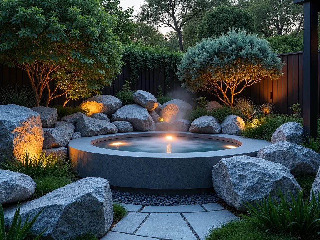 Zen Natural Rock Hot Tub Garden - A serene twilight scene of a compact garden featuring a modern circular hot tub nestled among large, weathered granite boulders. The tub is surrounded by carefully arranged rock formations creating a natural hot spring aesthetic. Alpine plants like Sempervivum and Sedum peek between the rocks, while dwarf Japanese maples provide privacy screening. Soft landscape lighting illuminates the rocks and plants, creating dramatic shadows. Low-growing thyme cascades over the boulders, while ornamental grasses sway gently in the background. The composition is shot from a slightly elevated angle to capture the organic flow of the design, with steam rising from the hot tub's surface reflecting the warm evening light. 8K DSLR photography, f/8, natural lighting enhanced by strategic garden illumination.