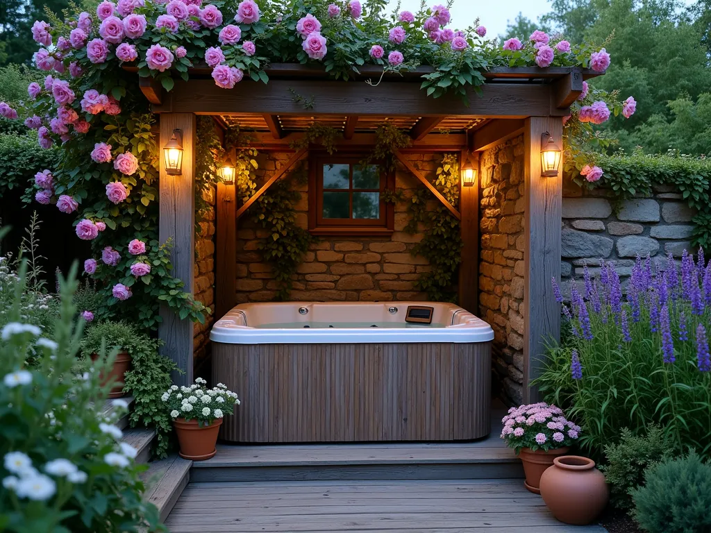 Romantic Cottage Garden Hot Tub Retreat - A cozy wooden hot tub nestled in a lush cottage garden at dusk, photographed from a medium-wide angle. Climbing pink roses and purple clematis gracefully wind up a weathered wooden pergola above the tub. Clusters of fragrant lavender border rustic stone steps leading to the spa. Soft lighting emanates from vintage-style copper lanterns mounted on wooden posts, casting a warm glow across the scene. The garden features a mix of informal cottage plantings with white foxgloves and delicate cosmos swaying in the background. A weathered wooden deck surrounds the tub, with antique terracotta pots filled with trailing ivy adding character. The composition captures the romantic, lived-in charm of a cottage garden while maintaining a sense of intimate luxury. Shot with natural evening light complemented by the ambient glow of lanterns, creating a dreamy atmosphere. DSLR photograph, f/8, ISO 100, 1/125s, wide-angle lens, professional lighting, high resolution, photorealistic.