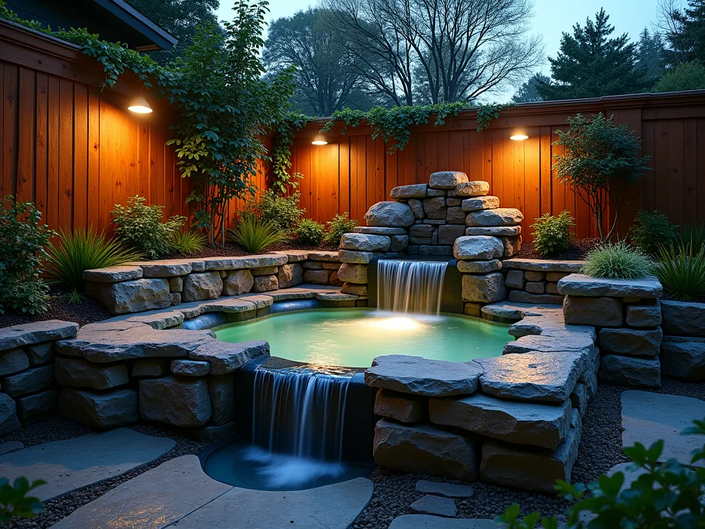 Rustic Stone Hot Tub with Mountain Spa Ambiance - A stunning dusk scene of a small garden hot tub nestled within natural stacked stone walls, featuring a gentle cascading waterfall illuminated by warm landscape lighting. The rustic stone surround includes built-in seating areas adorned with weather-resistant cushions. Native ferns and ornamental grasses peek through rock crevices, while climbing vines softly drape over the top of the stone walls. Weathered cedar privacy screens complement the natural stone. The scene is captured at a 45-degree angle, showing both the intimacy of the space and the artful integration of the hot tub into the garden landscape. Steam rises gently from the water surface, while the waterfall creates a mesmerizing play of light and shadow in the twilight atmosphere.