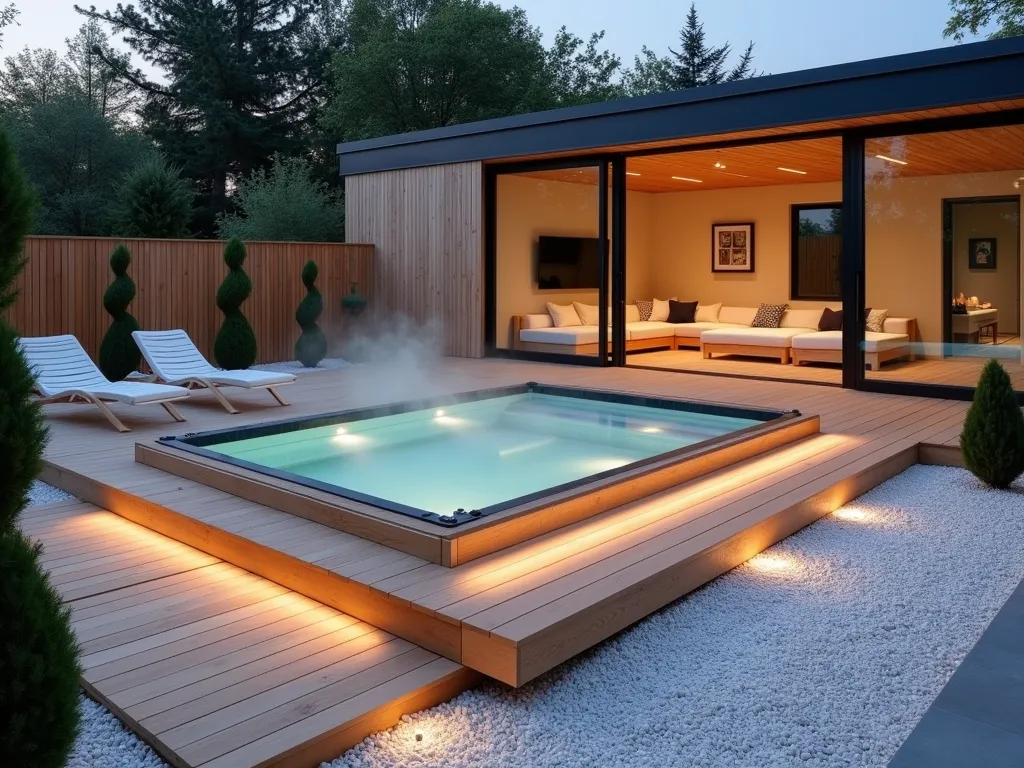 Minimalist Scandinavian Hot Tub Retreat - Dusk photo of a small contemporary backyard featuring a sleek wooden hot tub surrounded by light blonde cedar decking. Clean-lined Nordic design with white pebble landscaping and three perfectly pruned spiral juniper evergreens. Minimalist white outdoor furniture and simple LED lighting create a serene atmosphere. Shot from a high angle perspective with a 16-35mm lens at f/2.8, ISO 400, capturing the geometric patterns and warm evening light casting long shadows across the space. Soft ambient lighting illuminates the steam rising from the hot tub.