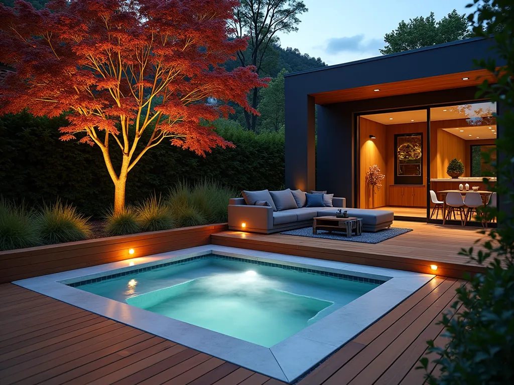 Sunken Cedar Hot Tub Haven - A stunning dusk photograph of a modern sunken hot tub seamlessly integrated into a small garden space. The hot tub is surrounded by rich, honey-toned cedar decking that sits flush with the water level, creating a spa-like atmosphere. Soft LED deck lights illuminate the warm wood tones and create gentle reflections on the water's surface. The composition is shot at a 24mm focal length from a slightly elevated angle, capturing both the intimate spa area and the surrounding compact garden space. Small ornamental grasses and Japanese forest grass soften the cedar edges, while strategic uplighting on a mature Japanese maple creates a dramatic backdrop. Wisps of steam rise from the crystal-clear water, catching the last rays of twilight. Modern minimalist outdoor furniture in charcoal grey complements the design without overwhelming the space. Shot with shallow depth of field highlighting the seamless transition between decking and water.