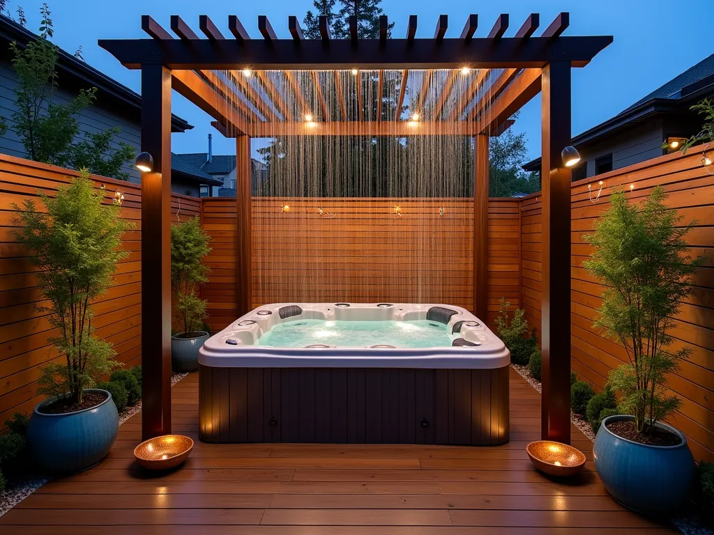 Tranquil Hot Tub Rain Chain Oasis - A stunning dusk photography of a cozy corner hot tub installation on a contemporary wooden deck, featuring elegant copper rain chains descending from a modern pergola overhead. The rain chains gracefully guide water into decorative copper collection bowls surrounded by potted bamboo and Japanese forest grass. Soft outdoor lighting illuminates the falling water droplets, creating a mesmerizing display of light and motion. The hot tub is partially enclosed by horizontal cedar privacy screens, while string lights weave through the pergola casting a warm ambient glow. Small clusters of blue-glazed ceramic planters containing peace lilies and Japanese maples frame the space. Captured with a wide-angle lens at f/8, emphasizing the interplay of water, light, and architectural elements in this zen-inspired outdoor retreat.