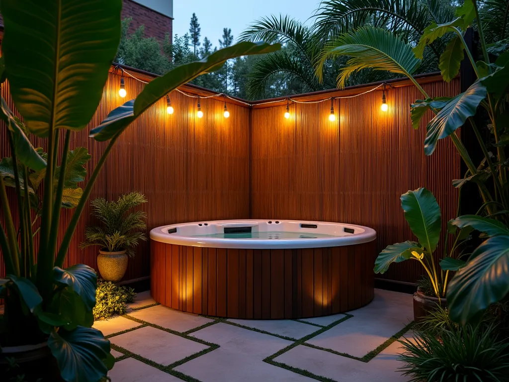 Intimate Tropical Hot Tub Sanctuary - A dusk photography shot of an intimate corner garden hot tub setup, captured with a wide-angle lens at golden hour. The wooden hot tub is nestled against dark bamboo privacy screens, surrounded by lush tropical foliage including towering bird of paradise plants and majesty palms. Warm LED string lights are woven through the bamboo screens, creating a magical ambiance. Stone pavers lead to the hot tub, while potted monstera deliciosa and Hawaiian ti plants add layers of tropical texture. Subtle landscape lighting illuminates the foliage from below, casting dramatic shadows. The composition shows the entire cozy corner setting while highlighting the intimate spa-like atmosphere, shot at f/2.8 to create beautiful bokeh effects through the tropical leaves.