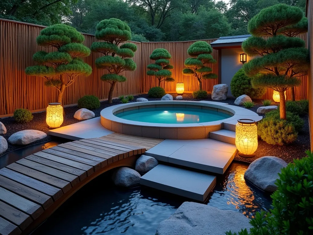 Zen Hot Tub Garden Retreat - A serene evening shot of a compact garden space featuring a circular hot tub nestled within a Japanese-inspired landscape. The hot tub is surrounded by smooth river rocks and bamboo screens, with carefully pruned cloud-form junipers adding sculptural elements. Traditional stone lanterns cast warm, ambient lighting across the scene. A small wooden bridge leads to the hot tub area, crossing over a narrow stream with gentle cascading water. Black granite stepping stones create a meandering path, while potted bonsai trees add authenticity. The space is photographed at dusk with the lanterns illuminated, creating reflections in the water features. Shot with a wide-angle lens to capture the entire composition while maintaining intimate feel of the space. Professional DSLR settings: f/8, ISO 100, 1/125 sec.