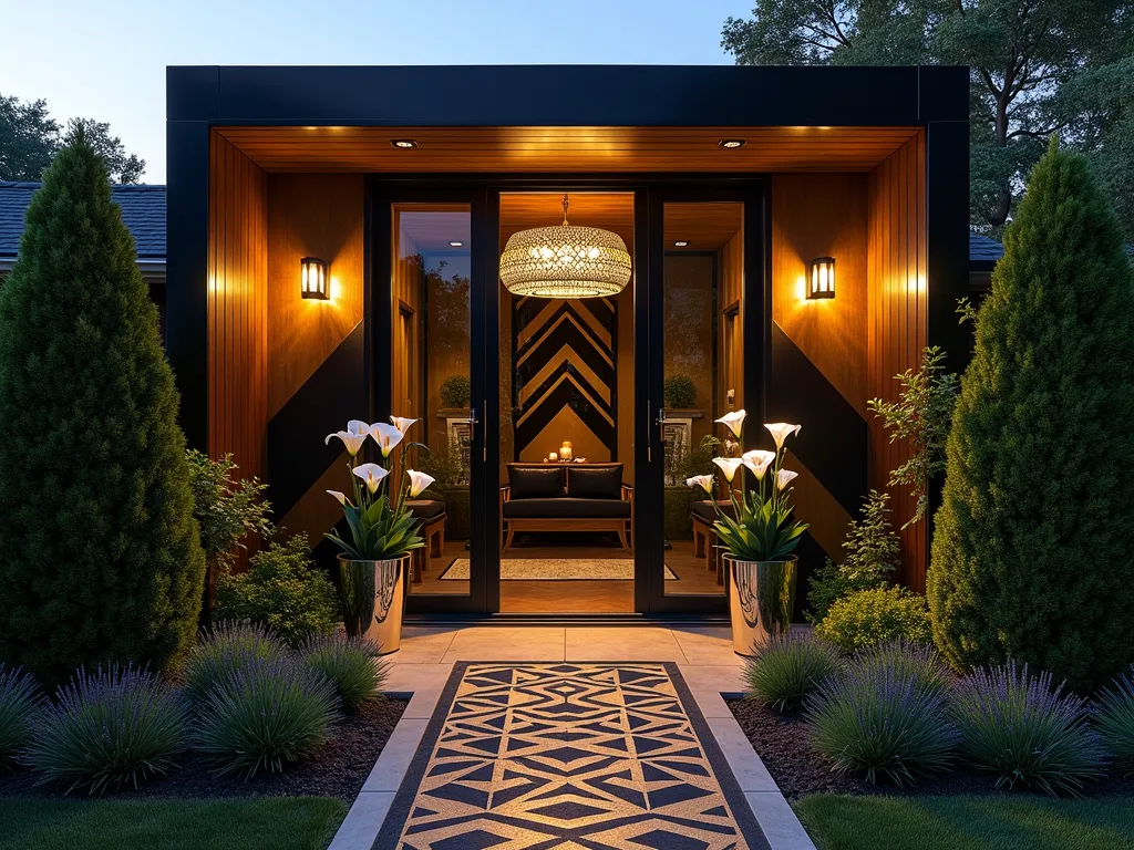 Art Deco Garden Office at Twilight - A twilight shot of a luxurious small garden office featuring floor-to-ceiling windows with geometric black frames, Art Deco-inspired gold chevron patterns on the exterior walls. The office is nestled in a manicured garden corner with architectural boxwood topiaries. A modern pendant light with geometric patterns casts dramatic shadows through the windows, revealing glimpses of metallic gold and black interior decor. Bronze outdoor sconces flank the glass door, while mirror-polished stainless steel planters hold elegant white calla lilies. The pathway leading to the office features an intricate geometric mosaic pattern in black and gold tiles, lined with low-growing lavender. Soft landscape lighting creates a sophisticated ambiance, highlighting the structure's dramatic architectural details.