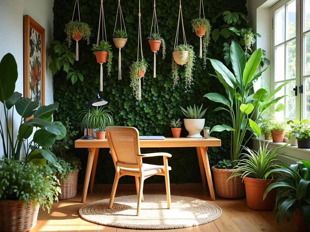 Biophilic Garden Office Sanctuary - A serene and inspiring garden office interior bathed in soft morning light through large windows, featuring a modern bamboo desk and chair set against a dramatic living wall of ferns, pothos, and philodendrons. Multiple macramé hanging planters suspend spider plants and string of pearls at varying heights, while a collection of perfectly arranged succulents in earthen pots adorns the desk surface. Natural jute rugs and baskets complement the wooden elements, with a cozy reading nook featuring a rattan chair nestled beneath cascading plants. The space seamlessly blends indoor workspace with outdoor garden elements, photographed in a wide-angle view that captures the full transformation of the room into a botanical paradise.