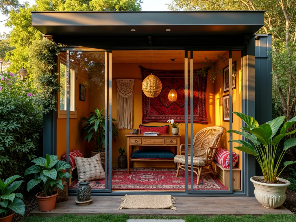 Bohemian Garden Office Sanctuary - A cozy garden office pod nestled among lush greenery, captured at golden hour with sunlight filtering through bamboo and ferns. The interior visible through large windows reveals a vibrant bohemian workspace with macramé wall hangings, layered Persian and Moroccan rugs in rich jewel tones, and a vintage wooden desk. Rattan pendant lights cast warm patterns across the space. Colorful floor cushions and a woven peacock chair create an inviting reading nook. Outside, climbing jasmine frames the glass walls, while potted monstera and string of pearls cascade from macramé plant hangers. Shot at f/8 with a wide-angle lens to capture both the interior's eclectic charm and its harmonious connection to the garden setting. Natural light emphasizes the interplay of textures and patterns.