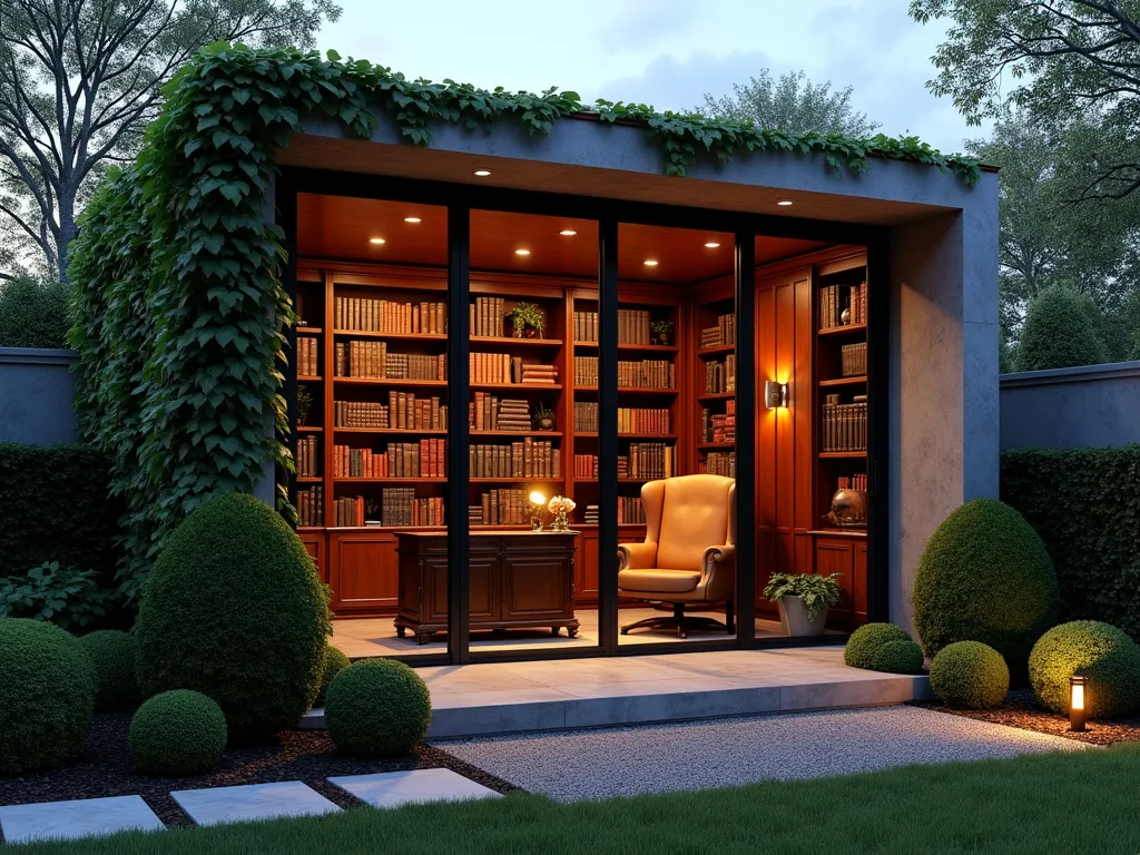 Luxurious Garden Library Office at Dusk - A cozy garden office pod with floor-to-ceiling windows, photographed at dusk with warm interior lighting glowing through. The interior features rich mahogany built-in bookshelves lining the walls, a classic leather wingback chair, and an elegant antique desk. Ambient brass reading lamps cast a golden hue across leather-bound books. The exterior is partially covered in climbing Boston ivy, with modern architectural lines softened by strategic landscape lighting. A small stone pathway leads to the entrance, flanked by carefully manicured boxwood shrubs. Wide-angle shot capturing both the interior warmth and the garden setting, with subtle garden spotlights illuminating the surrounding landscaping. Photorealistic, architectural visualization, cinematic lighting, 8k resolution.