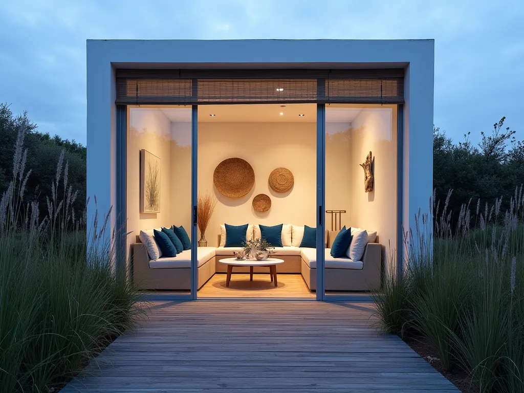 Coastal Contemporary Garden Office at Dusk - A modern glass-walled garden office pod at dusk, photographed with a 16-35mm lens at f/2.8, ISO 400. The interior features clean lines with light maple furniture and white walls, visible through floor-to-ceiling windows. Ocean-inspired blue throw pillows and seagrass accessories accent the space. Natural bamboo blinds are partially drawn. Outside, coastal grasses sway in the foreground, while weathered timber decking leads to the office. Soft interior lighting creates a warm glow, contrasting with the cool evening light. Driftwood art pieces and a sleek white desk complete the coastal contemporary aesthetic. Perspective from corner angle showing both interior and exterior elements.