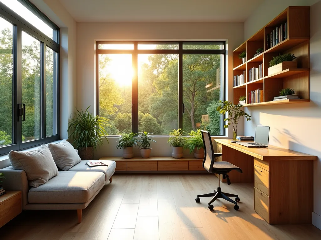 Modern Multi-functional Garden Office Interior - A stunning wide-angle DSLR shot of a cozy, modern garden office interior during golden hour, sunlight streaming through large windows overlooking a lush garden. The 120 sq ft space features ingenious space-saving solutions: a sleek wall-mounted desk that folds away, floating shelves with minimalist storage boxes, and a modular sofa that converts to a meeting area. Clean white walls contrast with warm wood accents and brushed metal fixtures. A compact sit-stand workstation occupies one corner, while vertical garden planters bring nature indoors. Smart cable management and hidden storage maintain a clutter-free environment. Shot with natural lighting highlighting the seamless integration of functionality and style, f/8 aperture capturing crisp details of the transformable furniture and organizational systems.