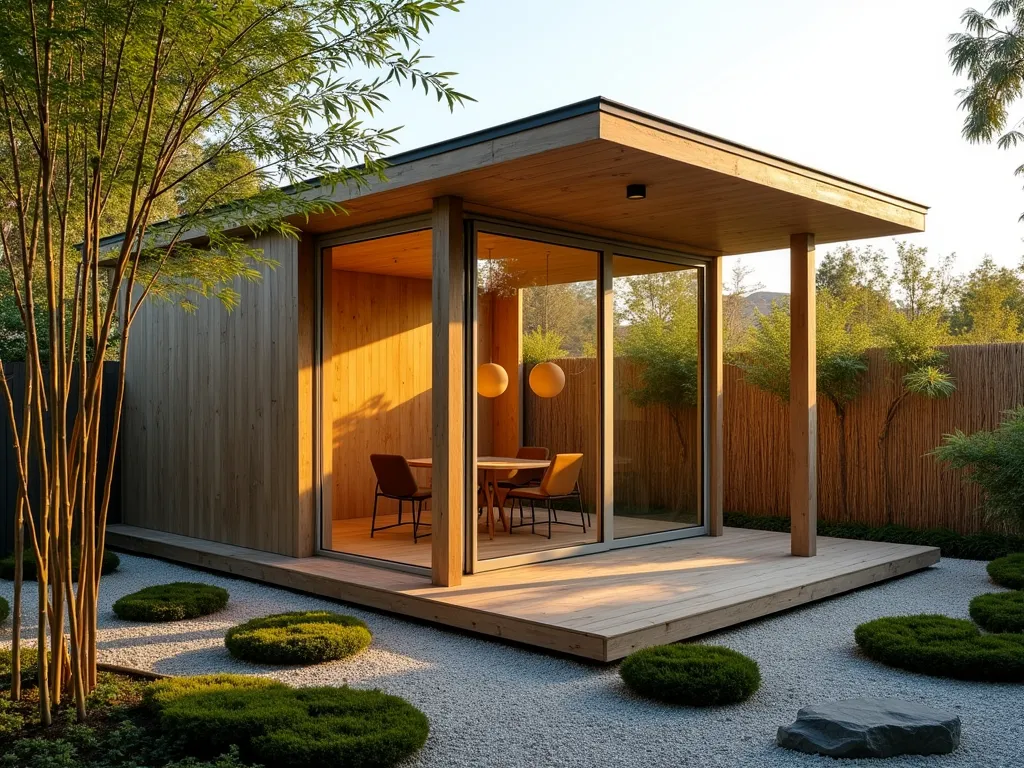 Zen Garden Office Retreat - A serene garden office pod with floor-to-ceiling windows, photographed at golden hour with warm sunlight filtering through bamboo screens. The exterior features modern minimalist architecture with clean lines and natural wood cladding. A small zen garden surrounds the office, complete with carefully raked gravel, moss patches, and strategically placed river rocks. Slender bamboo plants create gentle shadows on the structure's glass walls. The interior is visible through the windows, showing a contemporary workspace with simple wooden furniture and Asian-inspired decor. A small water feature provides a peaceful ambient backdrop. Shot with a wide-angle lens at f/8, capturing both the garden office and its harmonious integration with the surrounding landscape. Professional architectural photography with perfect exposure and natural lighting.