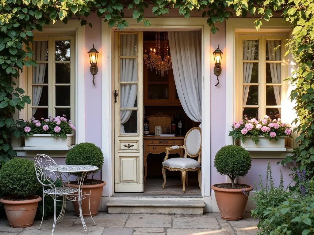 French Country Garden Office Haven - DSLR photo, f/8, ISO 100, 1/125s: A charming garden office with weathered French doors opening onto a small stone patio, captured during golden hour. The interior visible through the doors showcases a distressed cream writing desk and vintage Louis XV chair. Soft lavender walls complement white linen curtains gently billowing in the breeze. Antique brass wall sconces and a crystal chandelier add elegance. Window boxes overflow with pale pink roses and lavender. Climbing roses frame the exterior, while potted olive trees in aged terracotta planters flank the entrance. A rustic wrought-iron bistro set sits on the patio, surrounded by perfectly imperfect topiary. The scene is bathed in warm, late afternoon sunlight, creating a romantic, Provençal atmosphere.