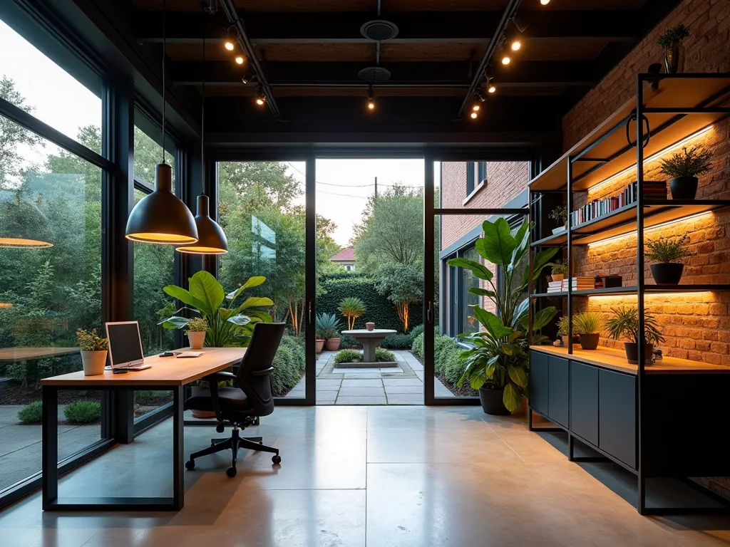 Industrial-Chic Garden Office Interior - A stylish garden office interior photographed at dusk with warm ambient lighting. Wide-angle view of a contemporary workspace featuring exposed steel beams, brick walls, and large industrial-style windows overlooking a zen garden. Modern black metal track lighting illuminates a sleek concrete floor. Minimalist furniture includes a matte black standing desk and ergonomic chair. Open metal shelving displays architectural plants and design books. Industrial pendant lights hang from the ceiling. Captured with soft natural light mixing with interior illumination, creating a cozy yet professional atmosphere. Shot with shallow depth of field highlighting the seamless blend of industrial and natural elements. 16-35mm lens at f/2.8, ISO 400.