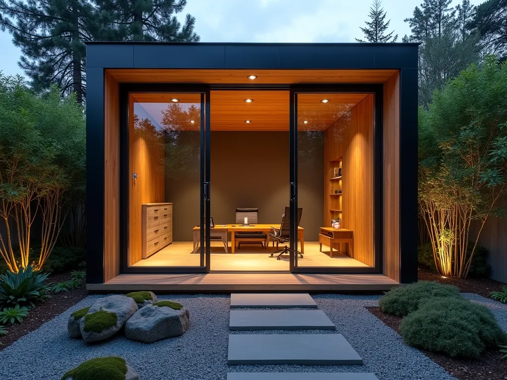 Minimalist Japanese Garden Office Sanctuary - A serene garden office pod with floor-to-ceiling sliding glass doors, captured at dusk. The exterior features charred cedar siding (shou sugi ban) with a small zen garden in front, complete with raked gravel patterns and carefully placed moss-covered rocks. The interior is visible through the glass, showing a minimalist workspace with a low wooden desk, tatami mats, and translucent shoji screens filtering natural light. Bamboo plants create privacy screening, while a small water feature with smooth river stones provides gentle ambient sound. The scene is photographed from a 45-degree angle, capturing both the interior and exterior elements in warm, golden hour lighting. Shot with a wide-angle lens to show the harmonious integration of the office pod within the garden setting, with subtle landscape lighting beginning to illuminate the path leading to the entrance. The composition emphasizes the clean lines and peaceful atmosphere of the space, with the garden elements framing the modern structure.