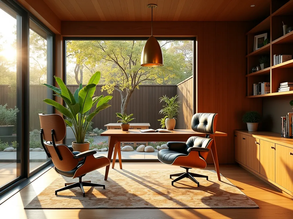 Mid-Century Modern Garden Office Interior - A stylish garden office interior at golden hour, photographed through floor-to-ceiling windows, featuring iconic mid-century modern furniture including an Eames lounge chair and a sleek walnut desk. Natural light streams through the windows, casting warm shadows across geometric pattern rugs in earth tones. A sculptural brass pendant light hangs above, while wooden wall panels and built-in shelving showcase retro accessories and indoor plants. The space opens to a small zen garden visible through the windows, with Japanese maples providing dappled shade. Shot with a wide-angle lens capturing the seamless indoor-outdoor flow, with professional lighting emphasizing the warm wood tones and mid-century aesthetic. 8K resolution, architectural photography, captured with a DSLR camera at f/8, ISO 100, 1/125 shutter speed.