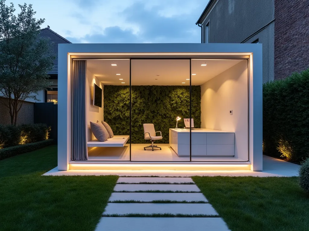 Modern Garden Office Tech Haven - A sleek garden office pod at dusk, photographed through a wide-angle lens capturing both interior and exterior. The glass-walled structure features minimalist white walls and built-in floating desks. Smart glass windows transition from transparent to frosted. Interior lighting casts a warm glow, highlighting wireless charging surfaces integrated into the desk. Hidden tech panels and storage solutions blend seamlessly with clean architectural lines. A living wall of Japanese Forest Grass provides organic contrast to the modern interior. Soft LED strip lighting illuminates the pathway leading to the office, while automated exterior blinds partially descend. The workspace features cable-free surfaces and gesture-controlled lighting, captured with perfect exposure to show both interior details and the garden's evening ambiance.