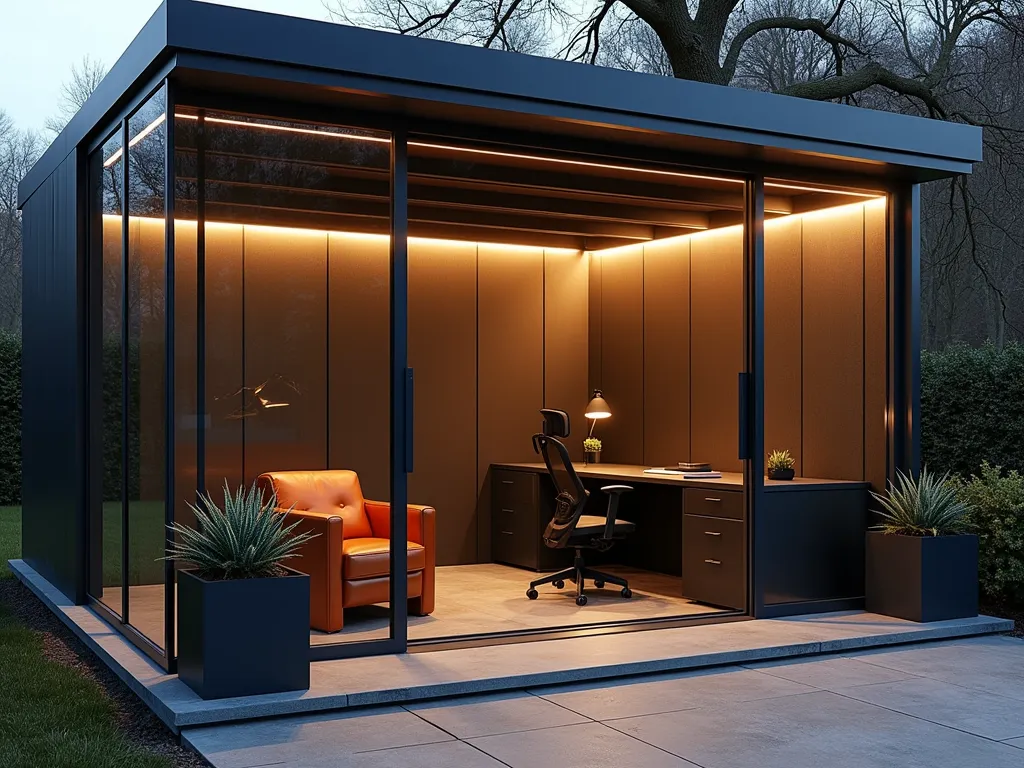 Modern Industrial Garden Office Interior at Dusk - A contemporary garden office pod at dusk with floor-to-ceiling windows, photographed at a 3/4 angle. The interior features exposed steel beams, polished concrete flooring, and minimalist black furniture including a sleek desk and ergonomic chair. Warm LED strip lighting casts a golden glow along industrial-style metal wall panels. A cognac leather armchair sits in the corner, softening the industrial aesthetic. The large windows reflect the last light of day and reveal glimpses of a modern garden beyond. Architectural succulents in black geometric planters add organic elements to the space. Shot with dramatic lighting emphasizing the contrast between industrial materials and warm accents.