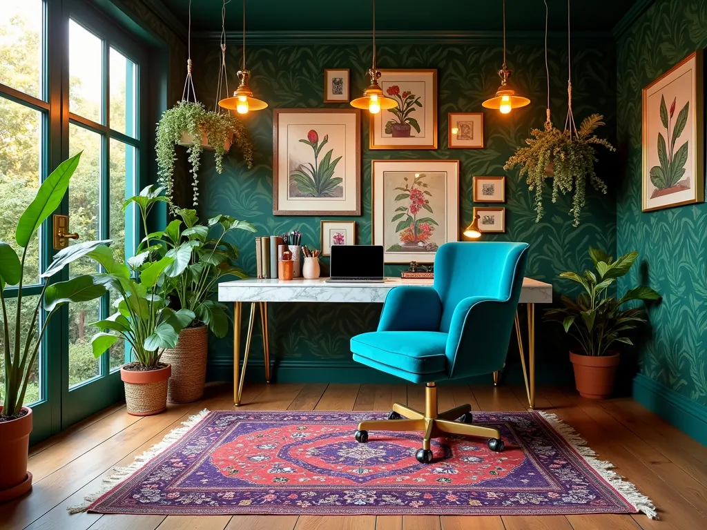 Modern Maximalist Garden Office Interior - A stunning 16:9 wide-angle shot of a contemporary garden office interior at golden hour, sunlight streaming through floor-to-ceiling windows. The workspace features bold emerald green and deep purple walls adorned with tropical leaf wallpaper, complemented by a luxurious velvet peacock blue office chair. A brass and marble desk holds colorful art supplies and a sleek laptop. Layered Persian rugs in jewel tones cover the wooden floor, while macramé plant hangers suspend trailing pothos and philodendrons. Statement brass lighting fixtures illuminate an eclectic gallery wall mixing vintage botanical prints and modern abstract art. Through the windows, glimpses of a lush garden with flowering climbers frame the scene. Shot with a digital camera, 16-35mm lens at f/2.8, ISO 400, capturing the rich textures and vibrant atmosphere with pristine clarity.