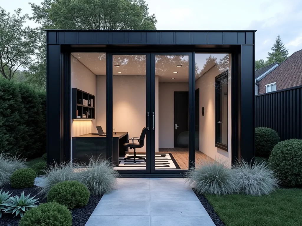 Modern Monochrome Garden Office Haven - A sleek garden office pod with floor-to-ceiling glass windows, photographed at dusk with subtle exterior lighting. The interior features a minimalist black and white design scheme with a modern ergonomic desk and chair in matte black. Clean white walls contrast with geometric black wall panels and floating shelves. A black and white geometric area rug adds texture to light grey flooring. The exterior is clad in contemporary black panels with white trim. Japanese forest grass and white astilbe create a monochromatic garden border, while square-cut boxwood provides structured greenery. Shot from a wide angle to show the office's integration with the garden setting, with soft twilight creating dramatic reflections on the glass.