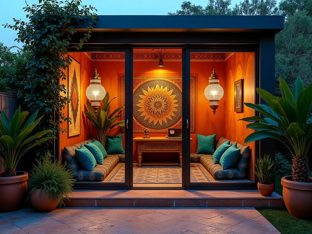 Moroccan-Style Garden Office Retreat - A cozy garden office pod at dusk, photographed with a wide-angle lens, showcasing a stunning Moroccan-inspired interior visible through large glass doors. The interior features rich jewel-toned cushions in sapphire and emerald, scattered on low-lying floor seating around a carved wooden desk. Intricate brass lanterns hang from the ceiling, casting mesmerizing patterns on the walls through their detailed metalwork. The walls are adorned with colorful Moroccan textiles and geometric patterns. Outside, climbing jasmine frames the entrance, while potted palm trees and Mediterranean herbs create an exotic atmosphere. Warm ambient lighting from the lanterns creates a magical glow that spills onto a small paved patio area with traditional Moroccan tiles. Professional DSLR photo with perfect exposure and depth, capturing the blend of indoor-outdoor living in this exotic garden workspace.