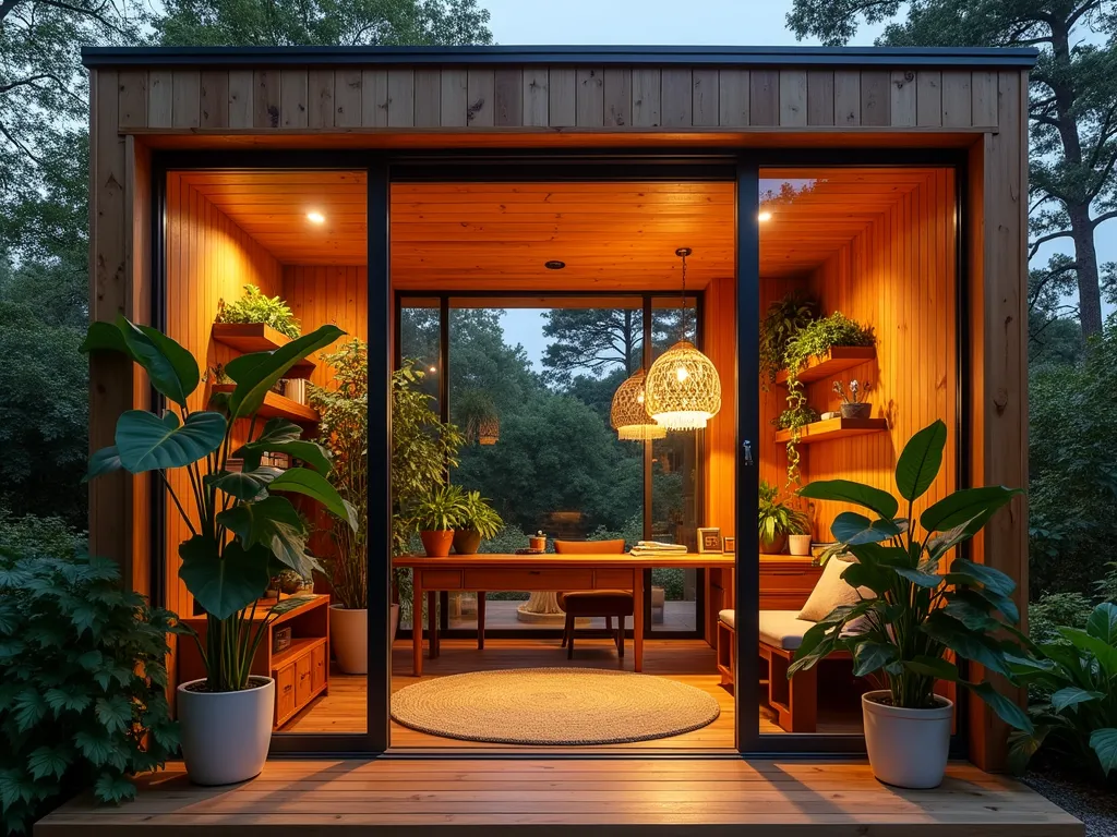 Cozy Garden Office Natural Wood Haven - A serene garden office pod at dusk, photographed in wide angle, featuring floor-to-ceiling windows and natural cedar siding. The interior is warmly lit, revealing rich walnut furniture, reclaimed wood wall panels, and floating bamboo shelves. Potted monstera deliciosa and trailing pothos cascade from wooden plant stands, while a handcrafted oak desk faces the garden view. Japanese maple trees frame the exterior, casting gentle shadows through the glass. The space is accented with woven rattan pendant lights and a plush jute rug, creating a harmonious blend of indoor-outdoor elements. Photorealistic, architectural photography style, warm evening lighting.