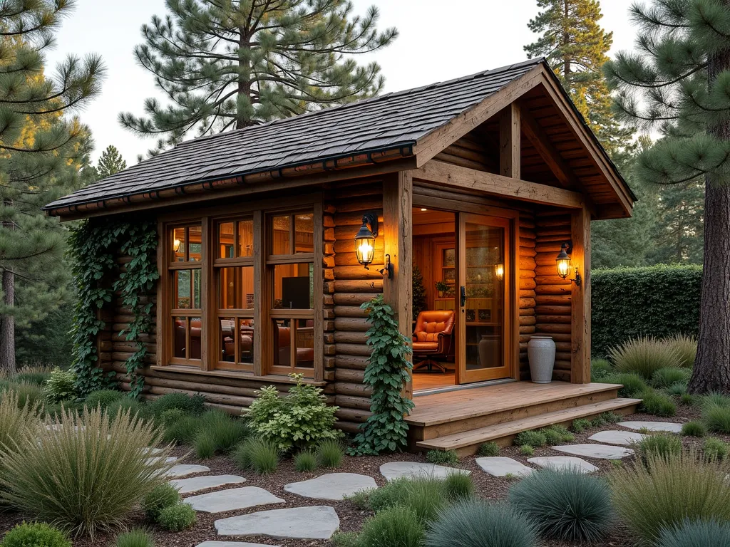 Rustic Garden Office Mountain Lodge - A cozy garden office pod with rustic log cabin exterior nestled in a small garden corner, surrounded by native pine trees and ornamental grasses. The office features large windows with wooden frames, a small covered porch with wooden railing, and natural stone pathways leading to the entrance. Interior visible through windows shows warm-lit workspace with wooden desk and leather chair. Climbing vines gracefully wrap around corners. Shot at golden hour with soft, warm lighting casting long shadows across the garden. Wide angle perspective capturing the entire structure and its integration with the surrounding landscape. Weathered cedar shingles on roof, copper gutters with patina, and vintage outdoor wall lanterns complete the mountain lodge aesthetic.