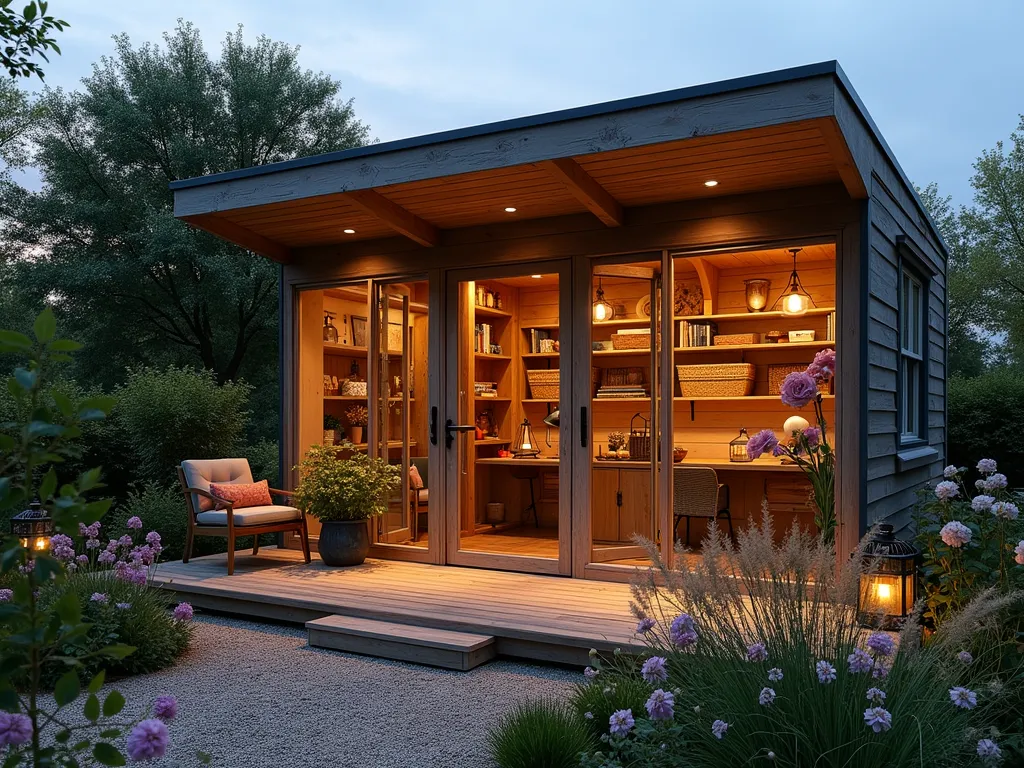 Rustic Garden Office Retreat at Dusk - A cozy garden office pod at dusk, photographed at a 3/4 angle, featuring large windows with warm interior lighting. The exterior is clad in weathered cedar with a charming pitched roof. Through the windows, visible reclaimed barn wood desk and shelving, with exposed oak ceiling beams. Natural wicker baskets and vintage brass desk accessories add warmth. Climbing roses and cottage garden flowers frame the structure, while a rustic gravel path leads to a vintage wooden door. Soft evening light casts gentle shadows across weathered wood decking, with vintage lanterns providing ambient lighting. The scene captures a perfect blend of rustic charm and functional workspace, with native wildflowers and ornamental grasses swaying in the foreground.