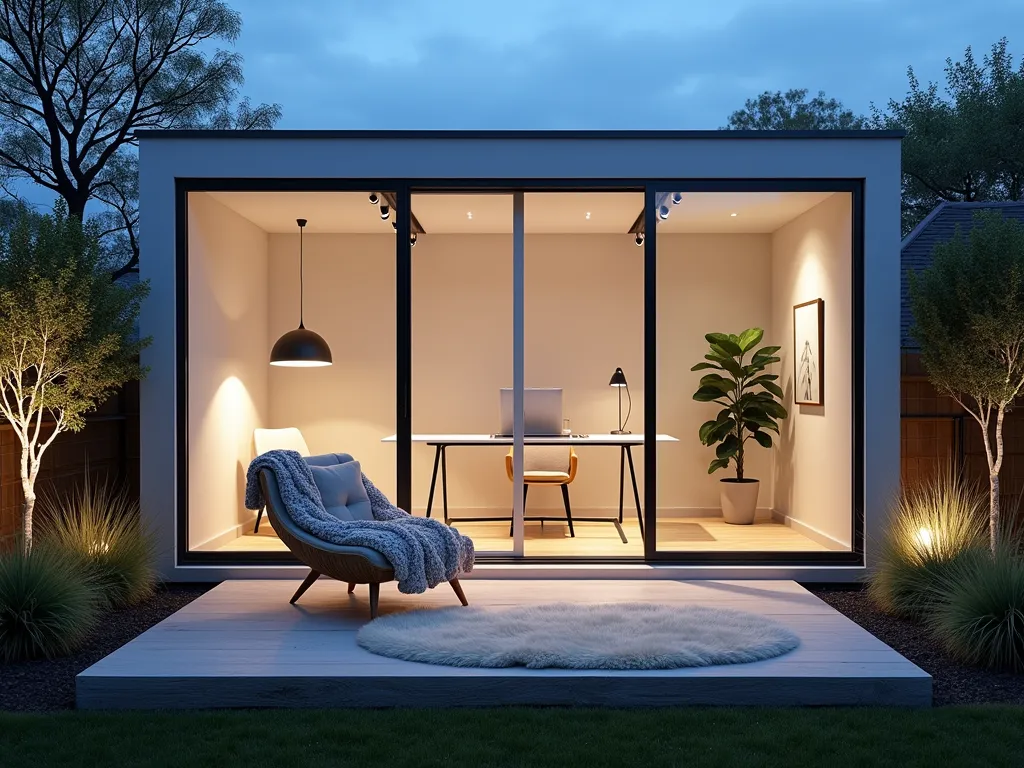 Modern Garden Office with Scandinavian Interior - A serene twilight photograph of a contemporary glass-walled garden office pod, shot at a wide angle to show its integration with a small, minimalist garden. The interior is visible through floor-to-ceiling windows, revealing a bright Scandinavian workspace with crisp white walls, pale oak flooring, and essential white furniture. A sleek desk faces the garden view, adorned with a single potted monstera. Natural textures are added through a cream sheepskin rug and chunky knit throw draped over a minimalist chair. Outside, strategic uplighting illuminates architectural grasses and silver birch trees, creating a peaceful transition between interior and exterior spaces. The scene is captured with soft, warm interior lighting contrasting with the cool blue twilight, emphasizing the sanctuary-like quality of the space.