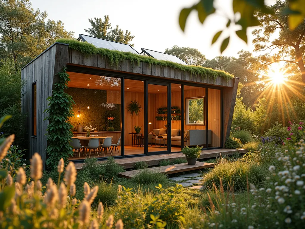 Sustainable Garden Office Haven - A serene garden office pod with floor-to-ceiling windows bathed in natural light, shot at golden hour. The exterior features weathered reclaimed wood siding and a living green roof covered in sedum plants. Inside, visible through the glass, recycled bamboo furniture and a preserved moss wall create an eco-conscious workspace. Solar panels grace the angled roof, while climbing ivy and vertical herb gardens frame the entrance. A rainwater collection system elegantly integrates with the structure. The wide-angle perspective captures the office nestled within a wild cottage garden setting, with native wildflowers and grasses swaying in the foreground. Shot with a DSLR camera, f/8 aperture, capturing the warm sunset light filtering through the surrounding foliage.