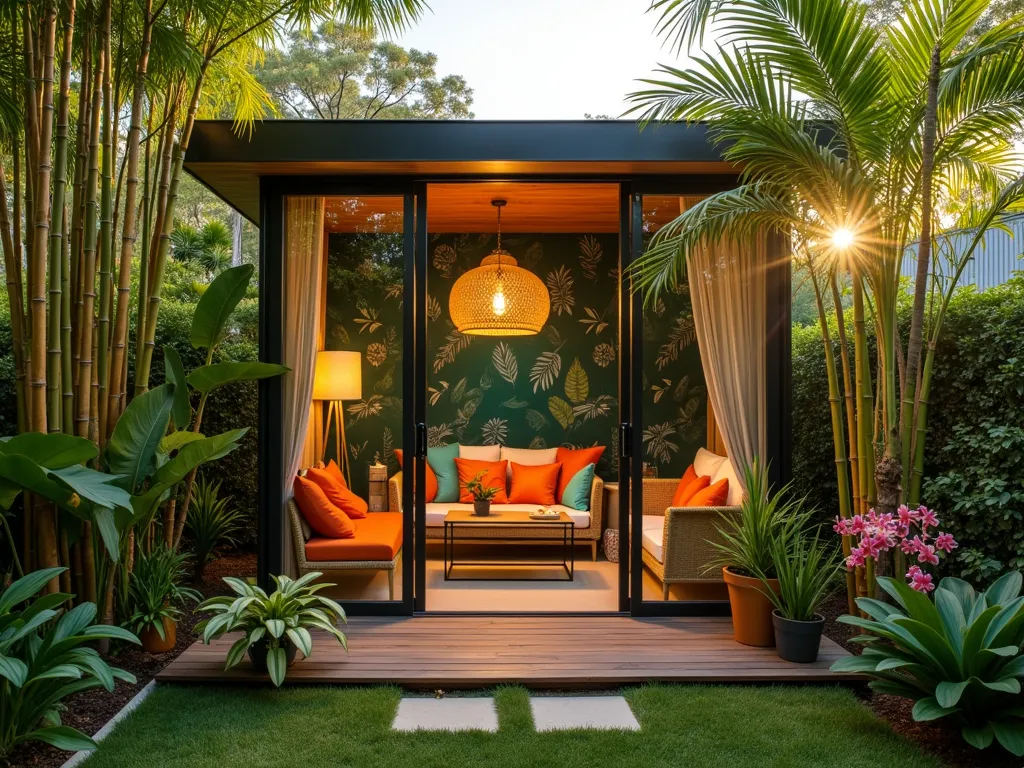 Tropical Garden Office Sanctuary - A sunlit garden office pod nestled within lush tropical landscaping, photographed during golden hour. Wide-angle view showing a modern glass-walled office structure with natural rattan furniture visible inside. Towering bamboo and mature bird of paradise plants frame the structure, creating dappled shadows. The interior features a woven pendant light, monstera leaf wallpaper, and a sleek wooden desk. Vibrant orange and turquoise accent pillows pop against neutral rattan seating. Large sliding glass doors open to a small wooden deck with potted palms and orchids. Shot with a 16-35mm lens at f/2.8, ISO 400, capturing the warm evening light filtering through the foliage.