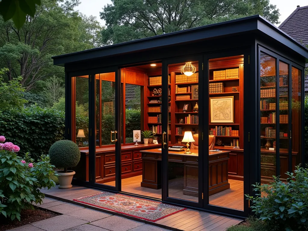 Vintage Scholar's Garden Office at Dusk - A cozy glass-walled garden office pavilion at dusk, photographed at f/8 with natural and warm interior lighting. Dark mahogany bookshelves line the interior walls, filled with leather-bound books. A substantial antique wooden desk faces large windows overlooking a small English cottage garden with climbing roses. Brass desk lamp casting a warm glow, vintage maps and botanical prints adorn walls. Large French doors flanked by potted boxwood topiaries. Brass hardware details throughout. Oriental rug on hardwood floors. Climbing ivy partially frames the exterior glass walls, creating a scholarly retreat nestled in nature. Captured with a wide-angle lens showing both interior and exterior integration, soft evening light filtering through surrounding greenery.