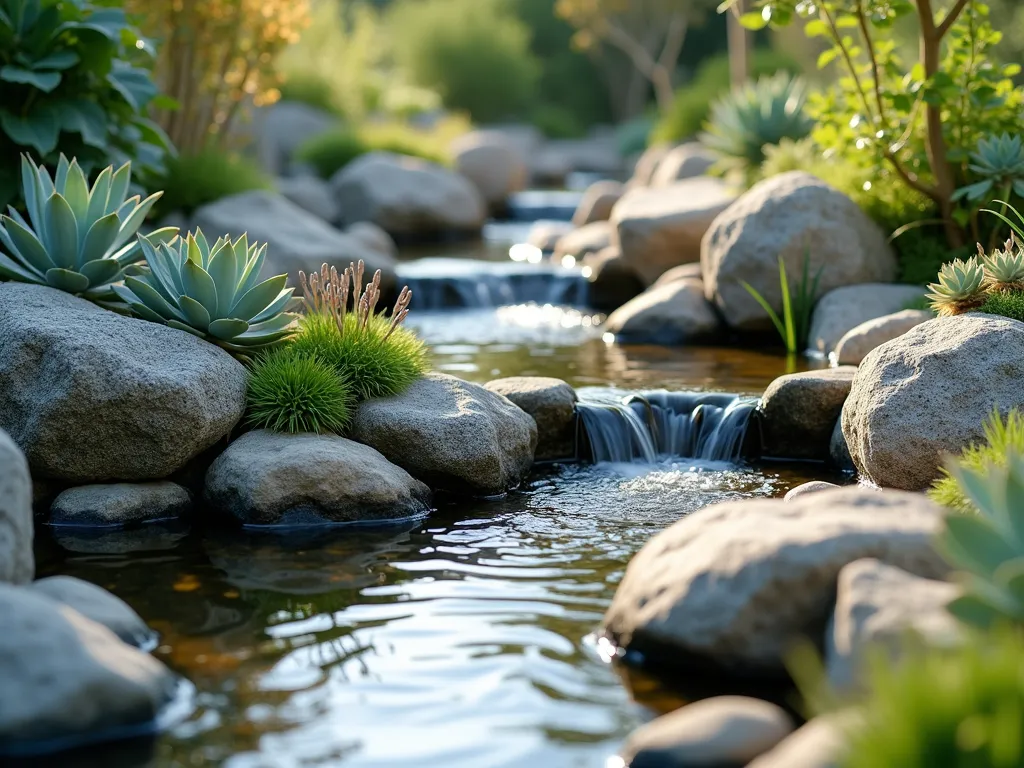 Alpine Rock Garden Stream Oasis - A serene garden scene featuring a small, crystal-clear stream meandering through naturally arranged rock formations. The stream cascades gently over weathered granite rocks, creating peaceful mini waterfalls. Alpine plants like saxifraga and sempervivum nestle between rocks, while small succulents in various shades of green and blue dot the landscape. Morning light casts soft shadows across the scene, highlighting the water's gentle movement. Small pools form at intervals, reflecting the sky above. The rock formations are artfully arranged with a mix of large and small boulders, some covered in moss, creating a natural, established look. Shot from a low angle to emphasize the intimate scale of the garden, with soft bokeh in the background.