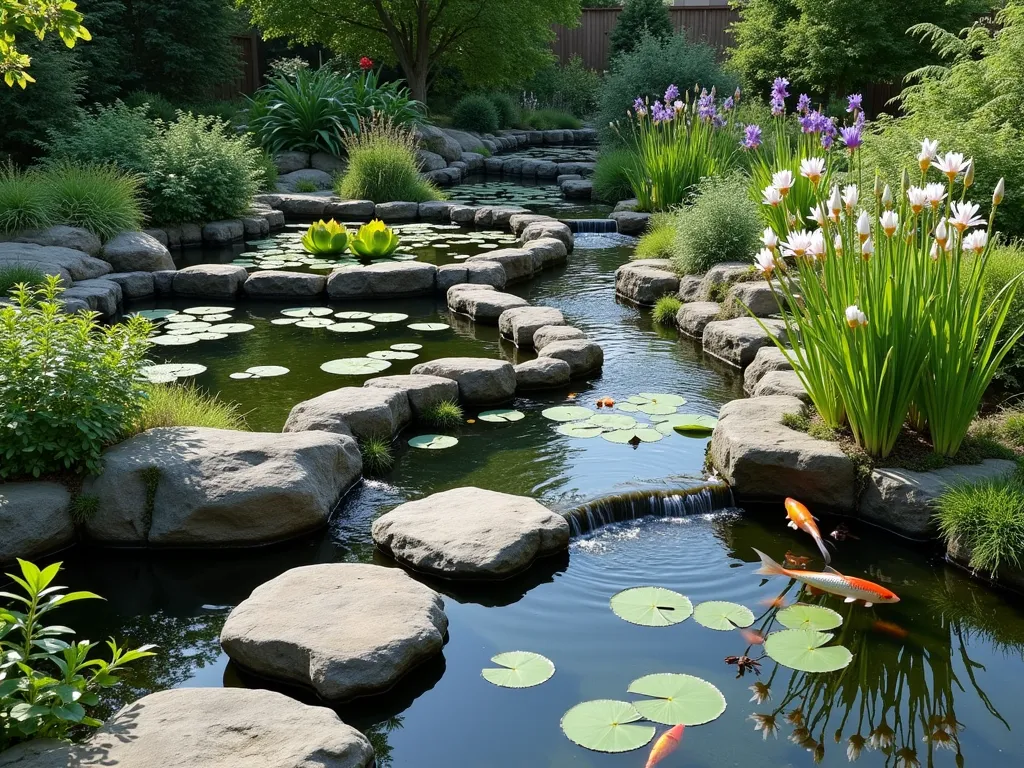 Cascading Pocket Pond Stream - A serene residential garden featuring three interconnected small ponds linked by narrow, meandering streams with natural stone edges. The ponds are at slightly different levels, creating gentle waterfalls. Crystal-clear water flows through the streams, surrounded by lush vegetation. The first pond features water lilies and floating lotus, the middle pond showcases ornamental grasses and iris, and the final pond includes colorful koi fish. Natural slate stepping stones cross the streams, while moss-covered rocks and small boulders create naturalistic edges. Soft afternoon lighting, photorealistic, high-end landscape design, intimate garden setting.