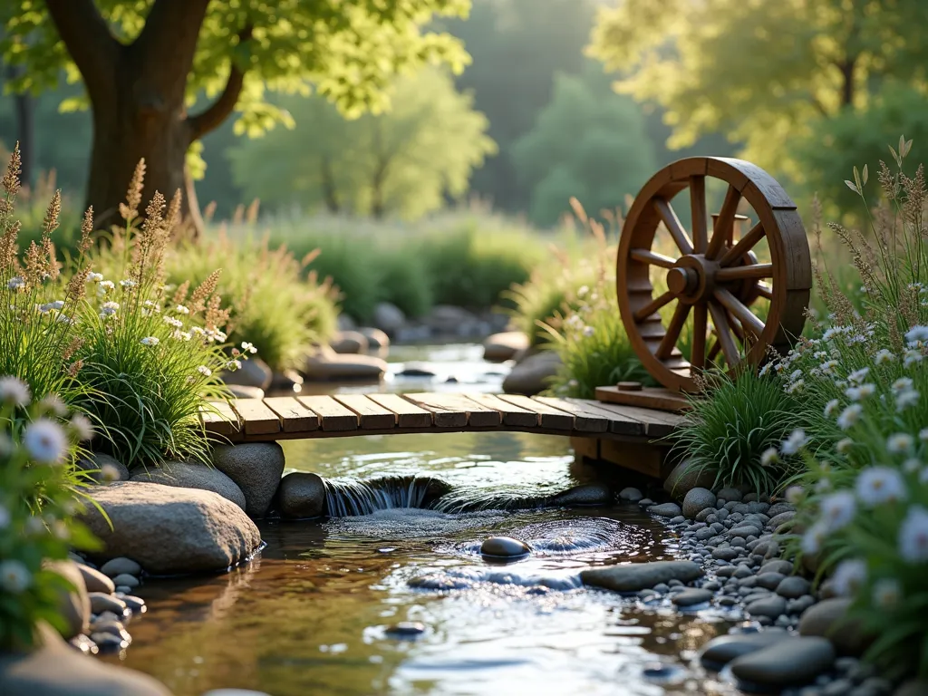 Child-Safe Garden Stream with Interactive Elements - A serene garden stream scene in natural daylight, featuring a shallow, winding stream with smooth river rocks and pebbles. A charming wooden footbridge crosses the gentle water flow. A rustic wooden water wheel turns slowly in the stream, creating playful water movements. The stream is bordered by lush, child-safe plants and soft ornamental grasses. Natural stepping stones provide safe access points. Dappled sunlight filters through nearby trees, creating a magical atmosphere. The scene is styled in a cottage garden aesthetic with natural materials and safety-conscious design. Photorealistic, high detail, landscape photography style.