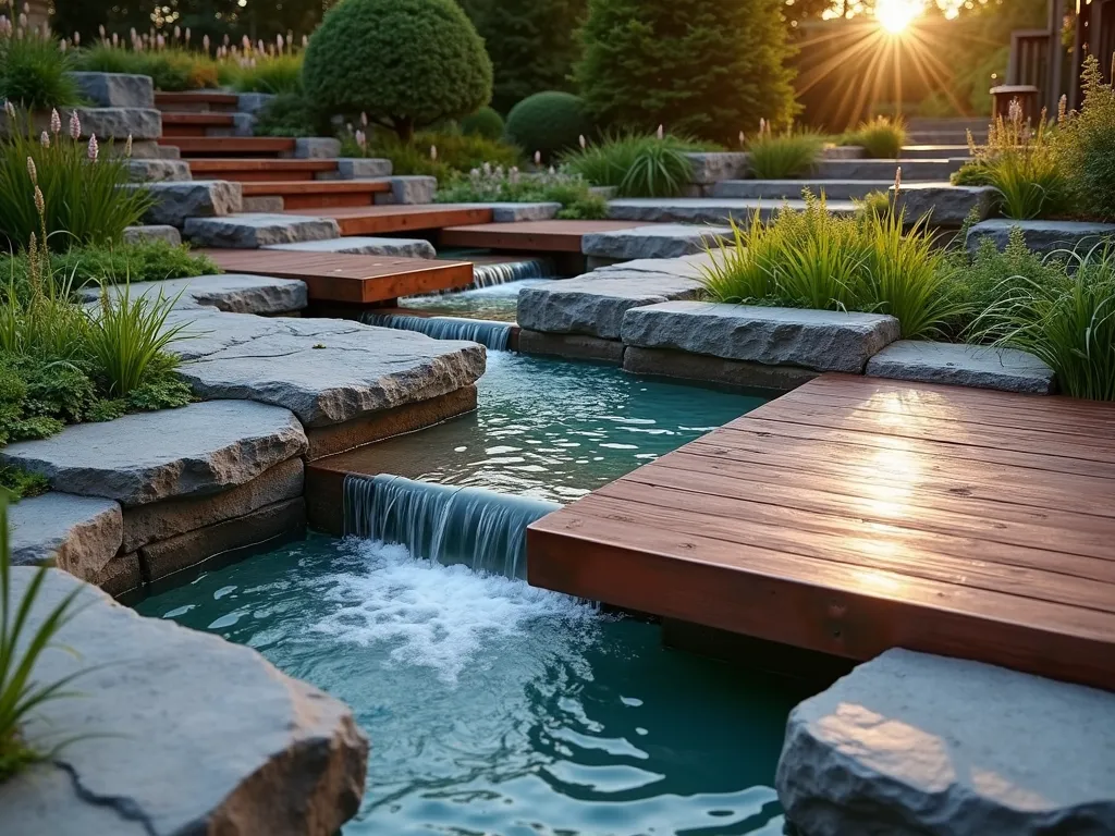 Elegant Copper Channel Stream - A modern garden water feature with sleek copper channels meandering through natural stone steps, creating a gentle stream. The copper has a beautiful blue-green patina, contrasting with grey stone pavers and rich wooden decking. The channel is elevated slightly, allowing water to cascade smoothly. Japanese forest grass and small ferns line the edges, while soft evening lighting illuminates the flowing water. Photorealistic, detailed, architectural photography style, golden hour lighting.