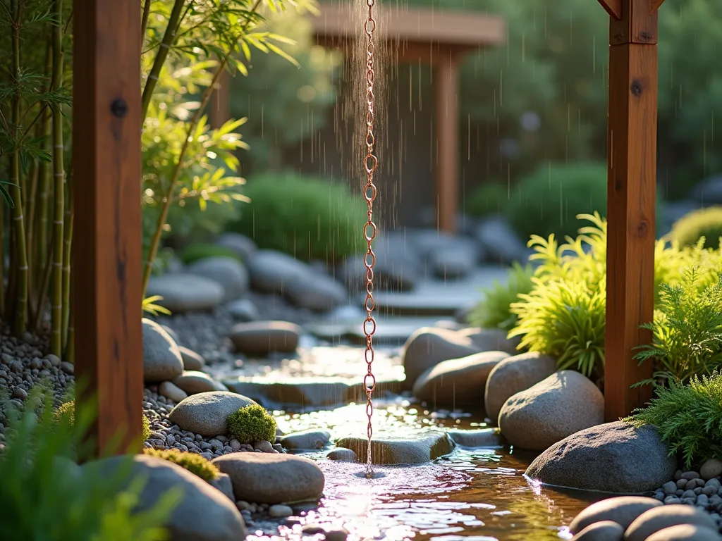 Copper Rain Chain Garden Stream - A serene garden scene featuring an elegant copper rain chain cascading from a modern wooden pergola corner, creating a gentle water feature that flows into a meandering rocky stream bed. The stream bed is lined with smooth river rocks and smaller pebbles in varying shades of grey and brown. Japanese forest grass and dwarf bamboo frame the edges, while moss-covered stones add texture. During rainfall, water droplets dance down the decorative chain links, catching golden afternoon light. The entire scene is photographed from a slight angle to capture both the vertical rain chain and its connection to the natural-looking stream bed below.