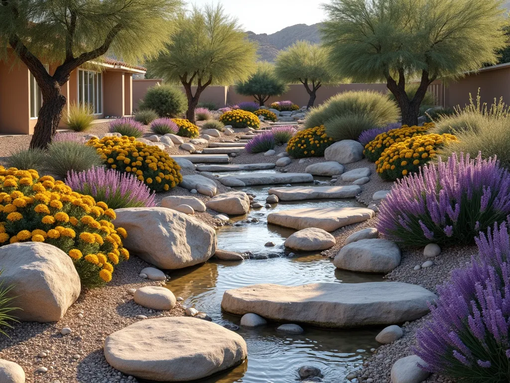 Desert Wash Stream Garden - A professional landscape photograph of a meandering dry creek bed in a desert garden, lined with smooth river rocks and boulders of varying sizes. Desert marigolds, purple sage, and golden barrel cacti accent the edges. Weathered granite rocks create natural terraces, with fine gravel and sand filling the streambed. Late afternoon sunlight casts long shadows across the scene, highlighting the textural contrasts. Small footbridges cross the wash, while red yucca and desert spoon provide vertical interest. The composition shows both close details of the rock arrangement and the broader sweeping curve of the dry stream, photorealistic, 8k quality, architectural photography style.