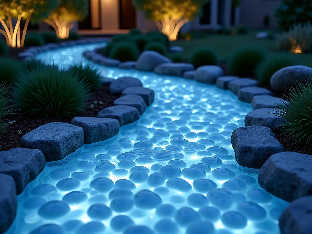 Illuminated Crystal Stream at Dusk - A serene garden stream bed filled with smooth, translucent white and blue pebbles, softly glowing from underwater LED lights. The meandering stream is bordered by natural stone edges and modern landscaping. Captured at twilight, showing the magical ethereal glow of the illuminated stones contrasting with the surrounding garden. Gentle ripples of water flow over the luminescent pebbles, creating a dreamlike atmosphere. Contemporary garden design with minimal plantings of ornamental grasses and small boulders for natural balance. Photorealistic, high detail, mood lighting, peaceful atmosphere.