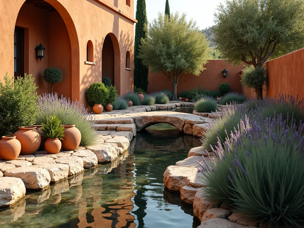 Mediterranean Courtyard Stream with Terracotta Features - A serene Mediterranean-style garden courtyard featuring a gently flowing stream lined with weathered terracotta pots and natural stone. The stream meanders between lavender bushes, cypress trees, and olive shrubs. Warm sunlight bathes the scene, highlighting the rustic terracotta tiles and ancient-looking water features. Drought-resistant rosemary and sage cascade over the stream edges, while a small stone bridge crosses the water. The composition is intimate and cozy, with textured stucco walls in warm ochre tones providing a backdrop, photorealistic, high-end landscape photography style